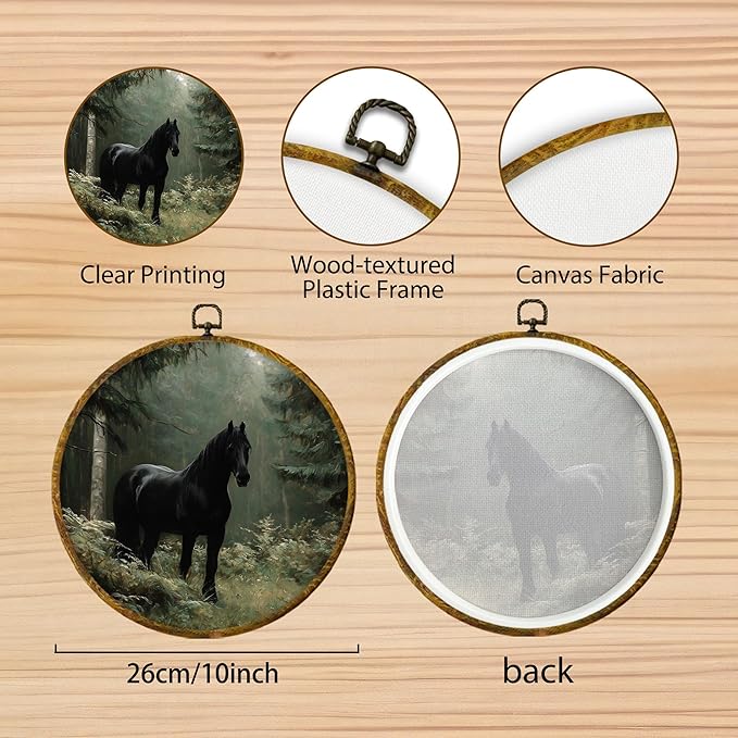 Hiuwevt Vintage Black Horse Round Wall Art Decor, Rustic Farmhouse Horse Framed Canvas Prints, Cottagecore Forest Animal Round Wall Hanging Decor for Home Bedroom Living Room Decorations, 10x10 Inches