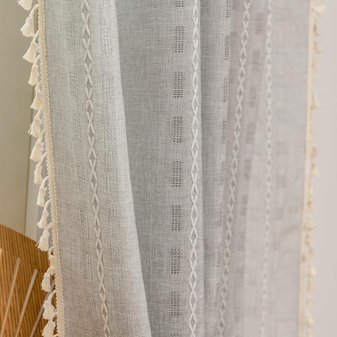 Deeprove Silver Grey Boho Curtain 96 inches Length for Living Room Bedroom Nursery Doorway, Sheer Bohemian 96 inches Long, Stripe Embroidery Privacy Window Fringe Christmas Decor W52 x L96, 1 Panel
