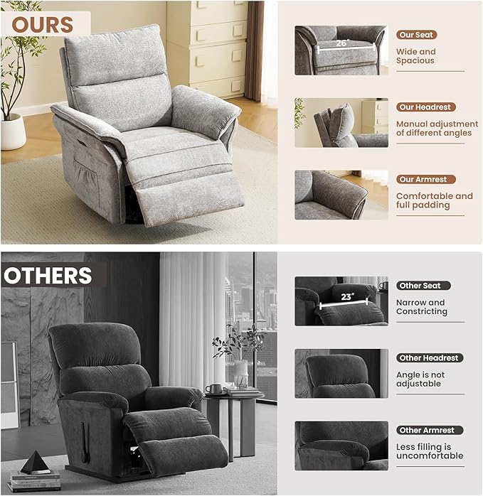 Oversized Power Recliner Chair Swivel Glider with Massage and Heat, Rocker Nursery Recliner for Adults with Adjustable Headrest, 26" Extra Wide Nursery Chair with Overstuffed Armrest,Light Grey