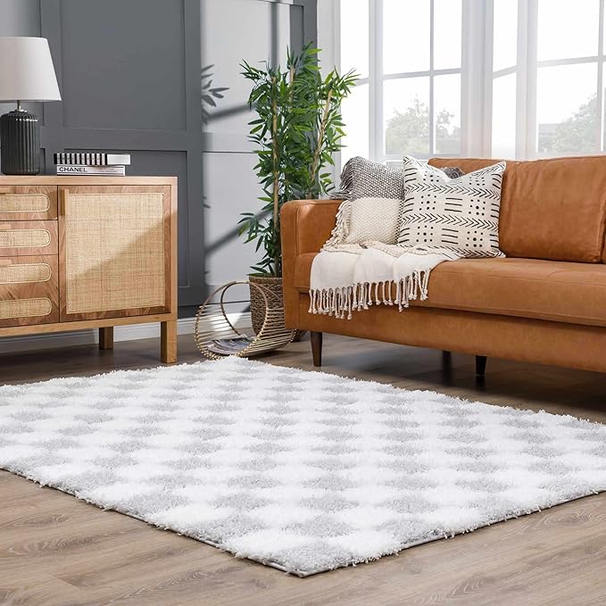 BoutiqueRugs Atira Gray Checkered Shag Area Rug - Light Gray, Cream - 18" x 18" Sample