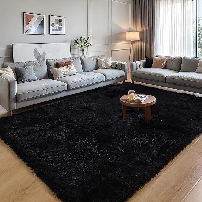 5x8 Black Fluffy Shag Rug for Bedroom, Ultra Soft Plush Fuzzy Washable Non Slip Floor Cozy Carpet, Modern Comfy Furry Shaggy Area Rug for Living Room, Kids Baby Boys Girls Nursery Dorm