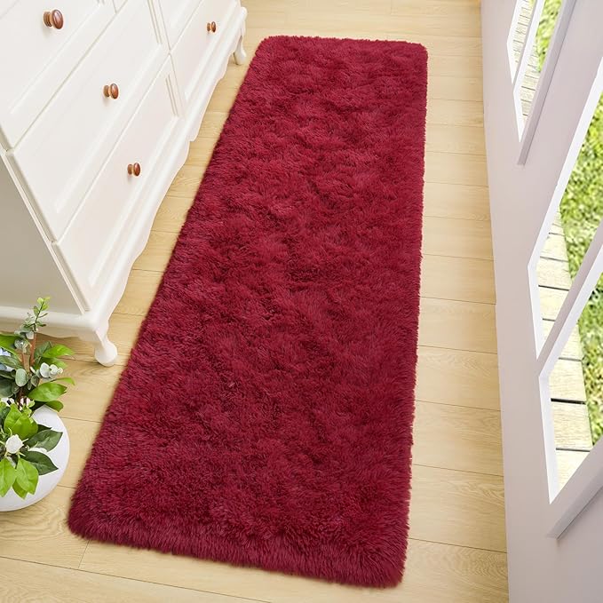 BENRON Fluffy Runner Rugs 2x4, Soft Long Runners for Bedroom Hallyway Entryway Kitchen, Washable Fuzzy Throw Rug for Kids Girls Room Decor Photo Prop, Wine Red