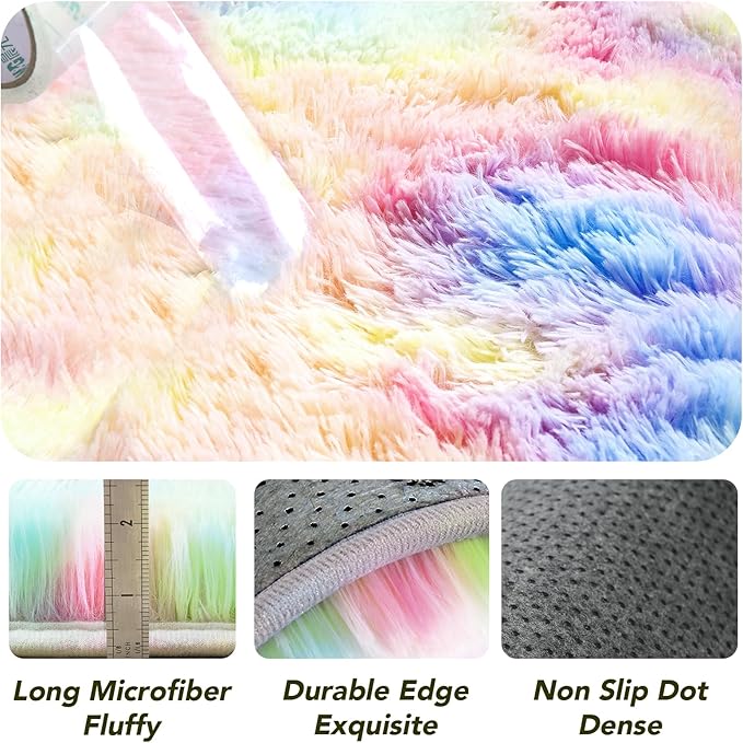 Round 4x4ft Fluffy Rainbow Rug: Ultra Soft Furry Girls Bedroom Carpet- Colorful Oval Plush Shag Nursery Rug for Girls Room & Kids Room, Cute Home Decor