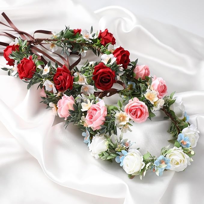Rose Hair Flower Crown - Girl Flower Crown Decoration Rose Celebration Round Floral Head Bride Wedding Renaissance Festival Party Birthday Ball Photo Accessories