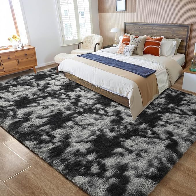 Merelax Soft Area Rugs for Livingroom Bedroom, Shaggy Plush Fuzzy Fluffy Carpet Furry Fur Rug, Modern Indoor Comfy Nursery Kids Dorm Home Decor Floor Mat, 5 x 8 ft, Tie-Dyed Black & Grey