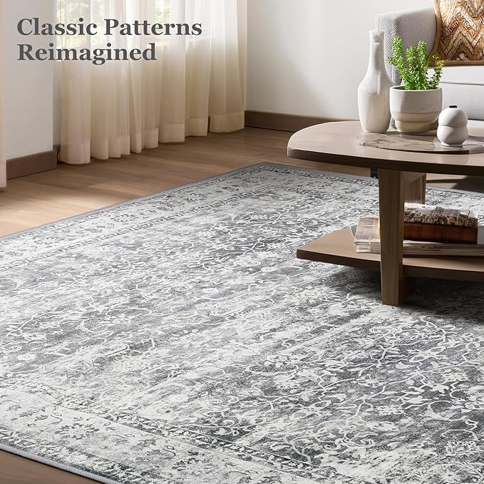 Grey Entryway Rug Indoor, 2x3 Small Door Rugs for Entry Way/Kitchen/Bathroom, Washable Non Slip Low Pile Thin Door Mat Indoor Entrance, Vintage Neutral Gray and Ivory Rug with Decorative Fringe