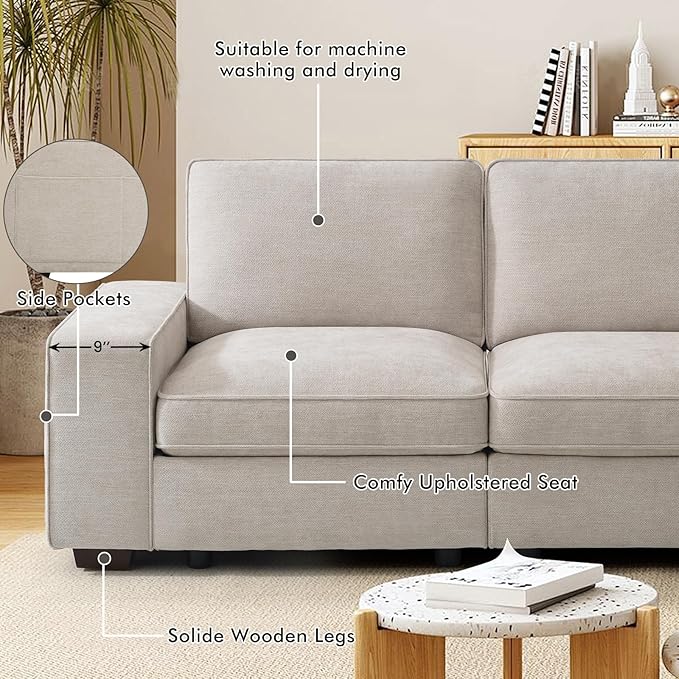 TEKAMON 100" Modular Sectional Sofa with Seats Storage, U Shaped Couch with Movable Ottomans, Chenille Fabric Couch for Living Room, USB Port, Removable Cover(Beige, 3 Seater & 2 Ottomans- U Shape)