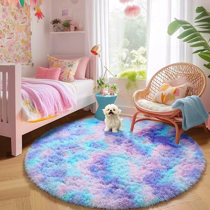 Amdrebio Purple Rainbow Round Rug 6Ft for Bedroom Girls Room Decor, Mermaid Stitch Frozen Kids Rugs for Playroom Nursery Classroom, Fluffy Fuzzy Cute Shag Carpet, Plush Circle Area Rugs for Princess