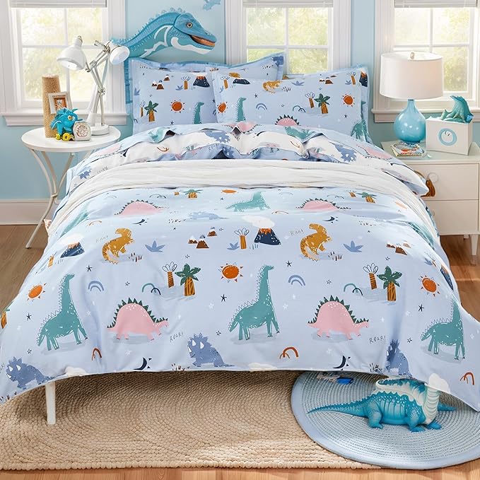 Brandream Boys Duvet Cover Twin/Twin XL Size 100% Percale Cotton 2pcs Kid's Bedding Duvet Cover Shams Set, Fun Dinosaur Print Reversible Blue Cream Beige Soft and Breathable