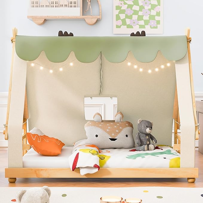 Twin House Bed for Kids with Light and Tent, Montessori Floor Bed Twin for Kids Girls Boys Teens Bedroom, White