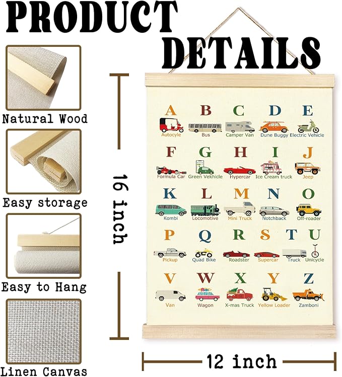 Hiuwevt Transportation Alphabet Numbers Poster Hanger Frame, Nursery Wall Decor, Vehicle ABC 123 Educational Wall Art Decor for Classroom Kids Room Home, 12x16 Inch Set of 2