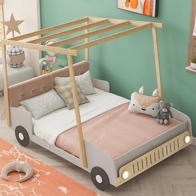Classic Full Size Car-Shaped Platform Bed with Wheels and Ceiling Cloth, Solid Wood Low Bed Frame with Pillow and LED Lights, Cute Floor Bed for Kids Boy Girls