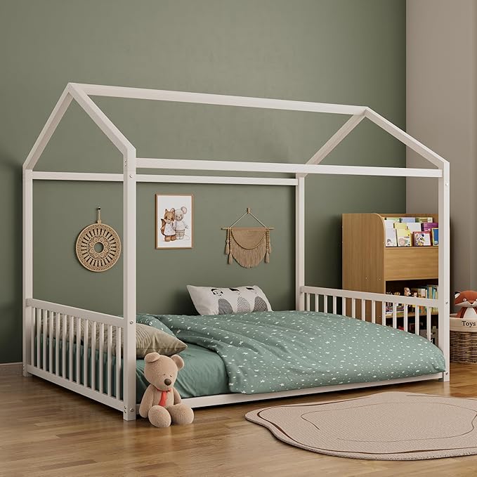 Merax Full Floor Bed Frame, Montessori Style Metal House Shaped Kids Bed with Vertical Safety Guardrails, No Slats, Grounded Design for Kids and Toddlers, Easy Assembly, White