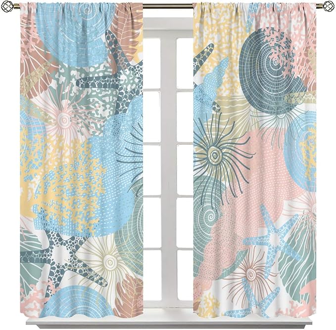 Nautical Blackout Curtain Beach Theme Starfish Seashell Nautical Rustic Ocean Sea Vintage Retro Coastal Summer Bedroom Set 2 Panels,52x84 Inches