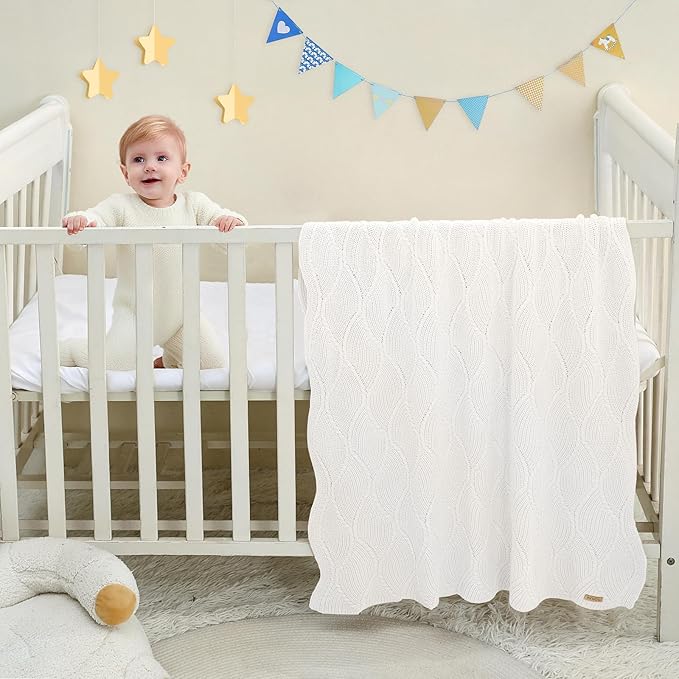 Thick Cotton Knit Baby Blanket 40x31 Inches – Soft Breathable Newborn Blanket for Boys & Girls, Wavy Pattern Receiving Blanket for Crib, Stroller, or Nursery, Gift Box for Baby Shower (White)