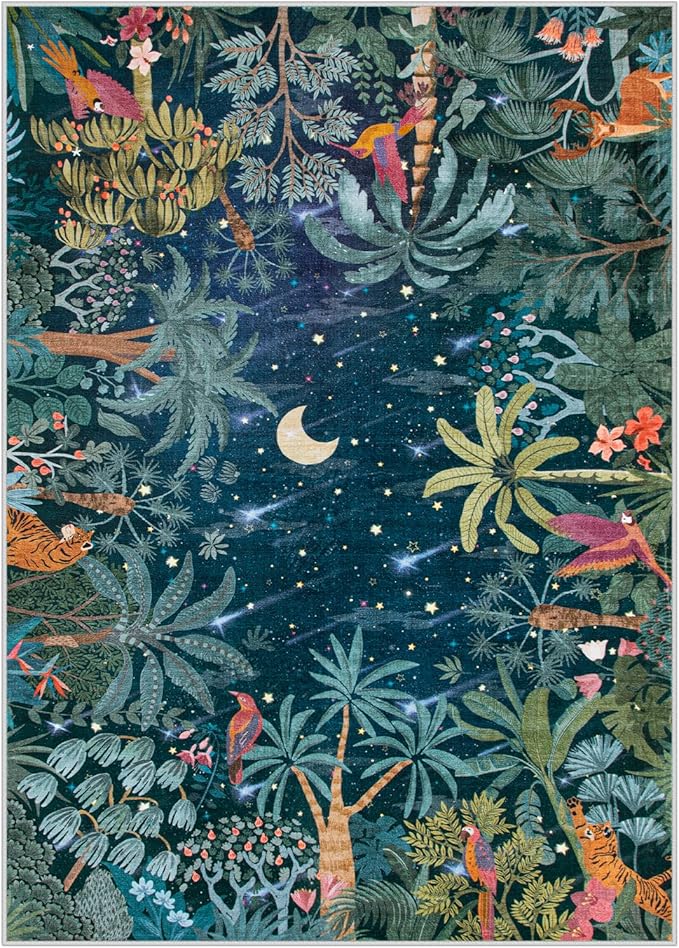 Lahome Midnight Jungle Green Rug, Washable Rugs 5x7 for Bedroom Aesthetic, Soft Animal Print Office Area Rug Botanical Stain Resistant Non Slip Dining Room Carpet for Under Table Living Room