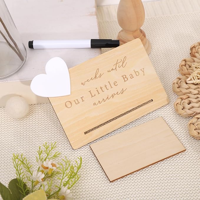 Baby Arrival Countdown Wooden Board - Weeks Until Our Little Baby Arrives Sign,Pregnancy Countdown Dry Erase Board,Newborn Birth Calendar Sign,Mom-to-Be Party Centerpieces Photo Props