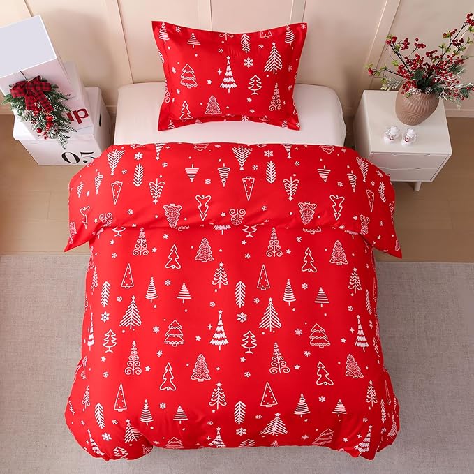 JSD Red Christmas Tree Kids Duvet Cover Set Twin Size, 2 Piece Xmas Comforter Cover with Pillow Sham Zipper Closure, Comforter Not Included