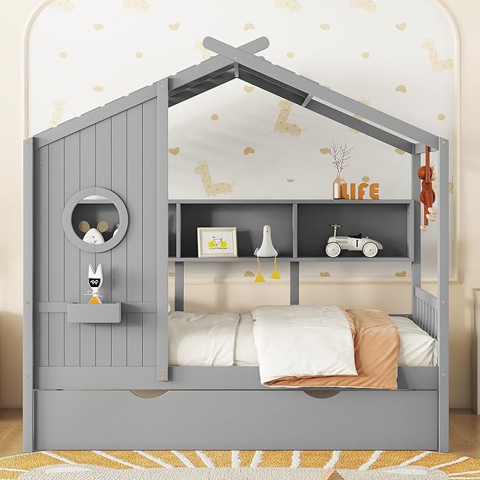 Linique Wooden Twin Size House Bed with Trundle and Storage Shelf,Modern Design Twin Platform Bed Frame with Pitched Roof(Gray)