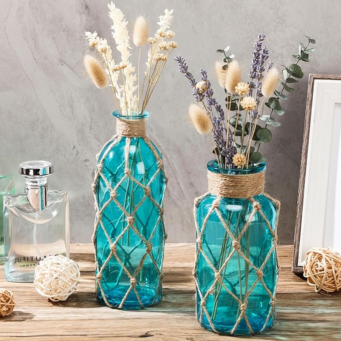 Chuangdi Set of 2 Coastal Glass Vases for Flower Small Flower Vase with Boho Rope Wrapping Beach Decorative Bottle for Coastal Nautical Table Centerpiece Wedding Floral Arrangement Decor(Aqua Blue)