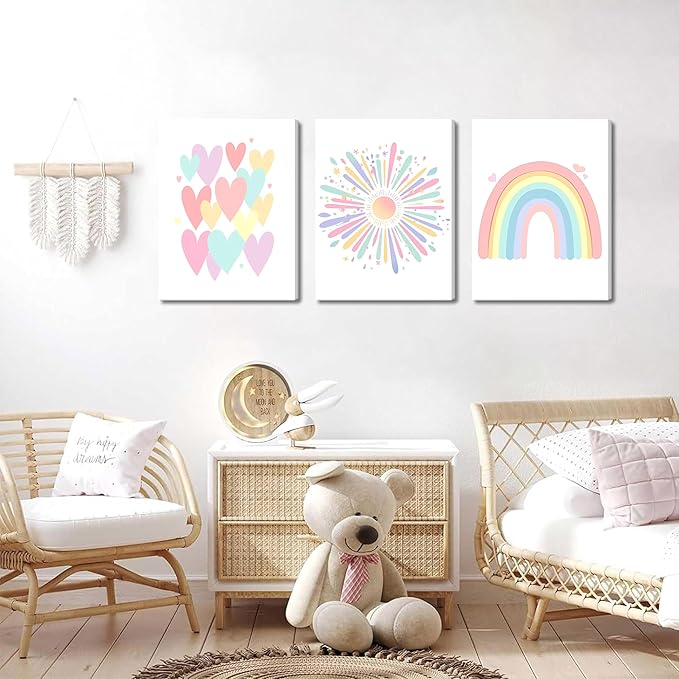 Framed Girls Rainbow Canvas Wall Art Set of 3, Colorful Boho Sun Nursery Wall Decor Painting, Kids Heart Picture Posters Prints for Classroom Kids Room Baby Room Bedroom Dorm Decor 12x16 In