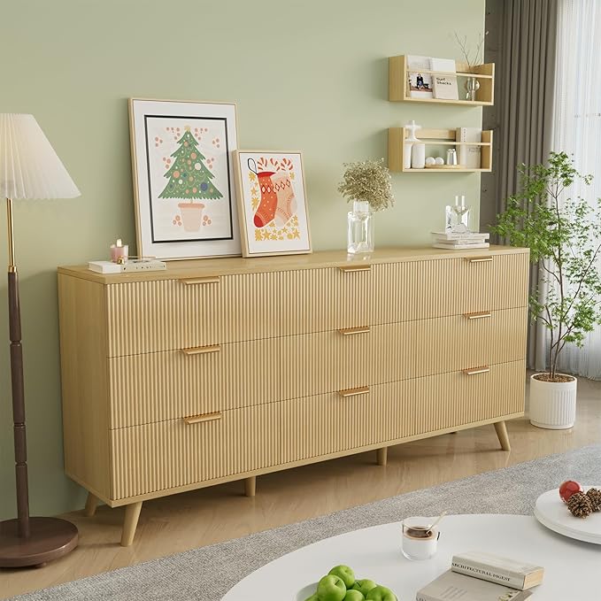 63" Long Fluted 9 Drawer Dresser for Bedroom - Modern Chest of Drawers - Natural Wood Dresser - Boho Storage Wood Organizer for Living Room, Hallway, Closet