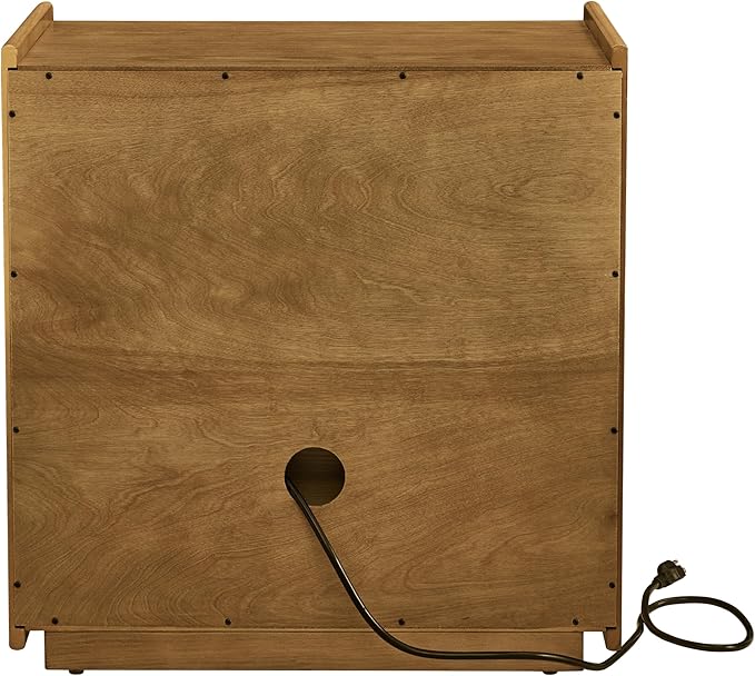 Mid Century Modern Nightstand with Charging Station, Farmhouse End Table with Outlet Hole, 2 Drawers & Open Shelf, Glass Drawer Storage End Table for Bedroom, Living Room, Dorm