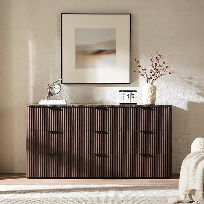 Fluted 9 Drawer Dresser for Bedroom, 63" Wide Modern Chest of Drawers with Faux Marble Top, Curved Corners Design, Wooden Dresser TV Stand with Organizer Storage for Living Room (Dark Oak, 63" W)
