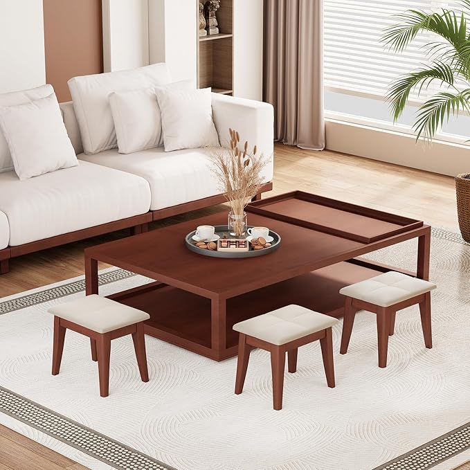Solid Wood Foot Stool Ottoman, 14" H Small Bench Chair Comfy Kids Foot Rest Stools for Under Office Desk at Work for Bedroom/Living Room/Kitchen - Beige White