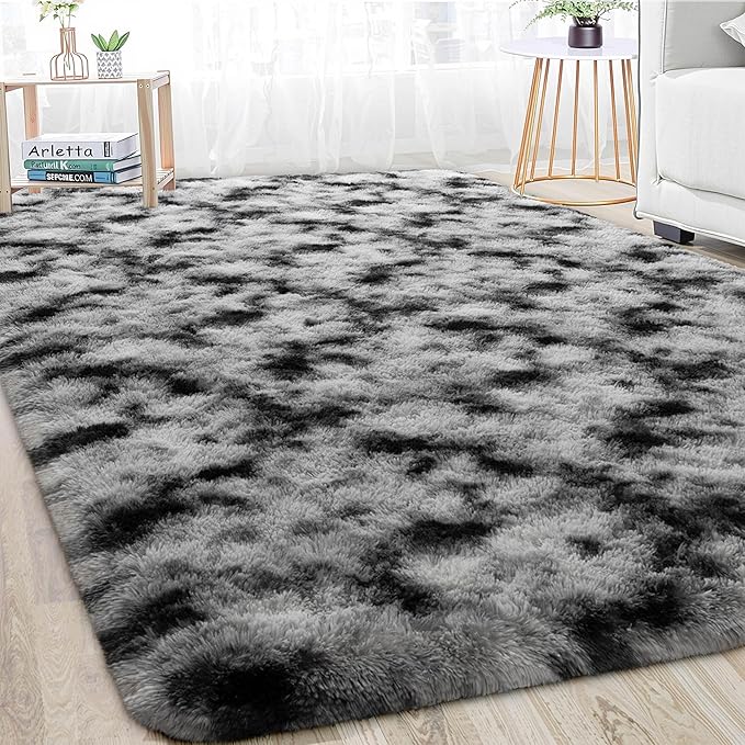 Meralax Tie-Dyed White and Black Rugs for Living Room Bedroom, 5x8 Soft Area Rug Fluffy Shaggy Bedside Rug, Machine Washable Indoor Floor Carpet for Kids Girls Boys, Dorms, Nursery Rooms, Home Decor
