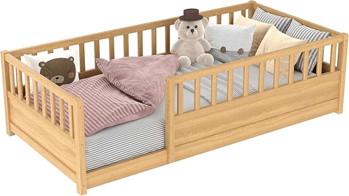 Bellemave Kids Montessori Floor Bed,Twin Size Floor Bed with High Fence and Door,Twin Bed Frame with Guardrails for Kids,Girls,Boys,Twin,Natural