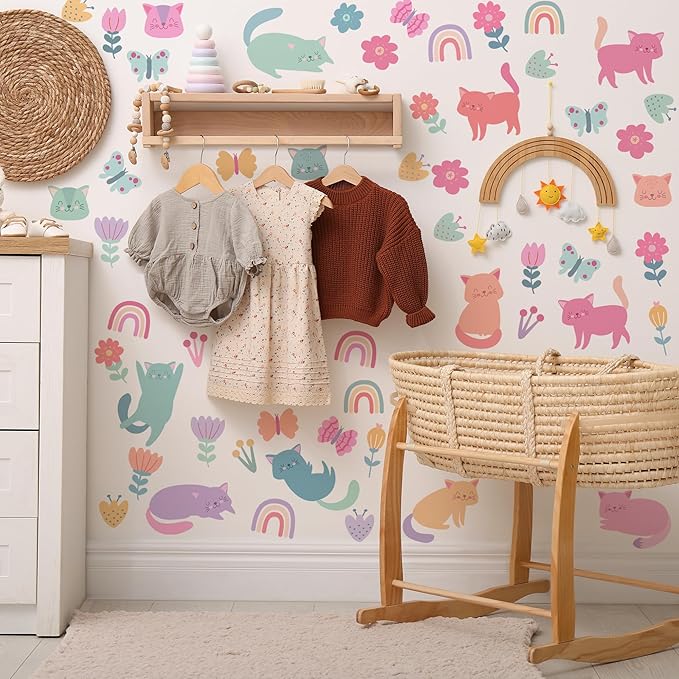 Cat Wall Decals - Girl Nursery Decor, Colorful Pet Cat Butterfly Rainbow Decal,Removable Vinyl Art Murals for Living Room Baby Rooms Bedroom Toilet House Wall DIY Decoration
