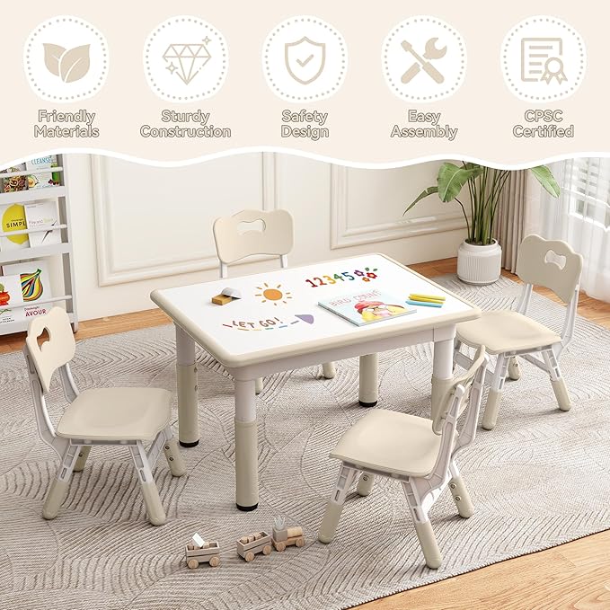 Kids Study Table and Chairs Set, Height Adjustable Toddler Table and Chair Set for Kids Ages 3-8, 31.5" L x 23.6" W Graffiti Desktop Plastic Children Art Table with 4 Seats