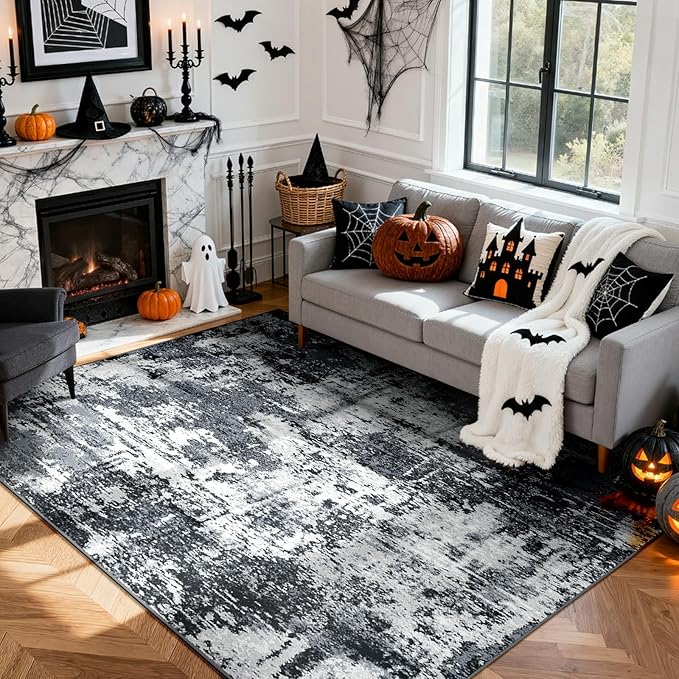 Washable Area Rugs 5'x7' Non-Slip Modern Abstract Soft for Living Room Entryway Bedroom Nursery, Print Pattern, Black Gray