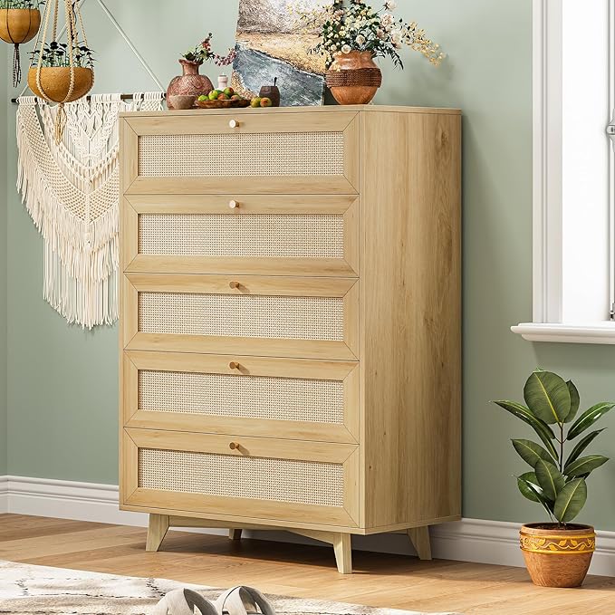AOGLLATI Rattan Dresser for Bedroom with 5 Drawer, Modern Double Wooden Tall Bedroom Dresser, Chest of Drawers with Metal Handle & Solid Wood Legs for Bedroom/Living Room,