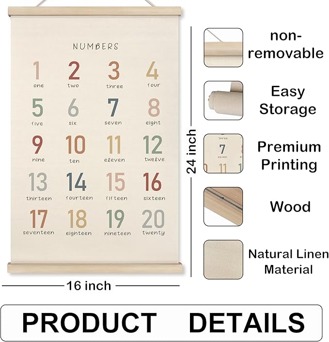 HRQKO Boho Numbers Alphabet Poster Hanger Frame, Nursery Wall Decor, Boho Learning Poster Wall Art with Wooden Frames, Numbers Banner Wall Hanging Decor for Boys Nursery Toddler Playroom, 16x24 inch