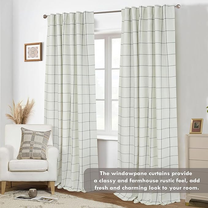 DriftAway 2 Panels 100% Blackout Windowpane Plaid Linen Curtains Double Layer Drapes for Bedroom 108 Inches Long Farmhouse Thermal Insulated 3.25 Inch Rod Pocket Back Tab for Living Room Black