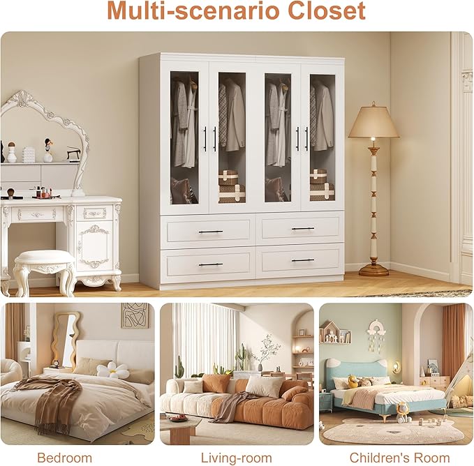 Armoire Wardrobe Closet with Glass Door: White 4 Glass Door Wood Wardrobe Closet with 4 Drawer Wooden Bedroom Armoire with Hanging Rods for Home/Bedroom/Living Room