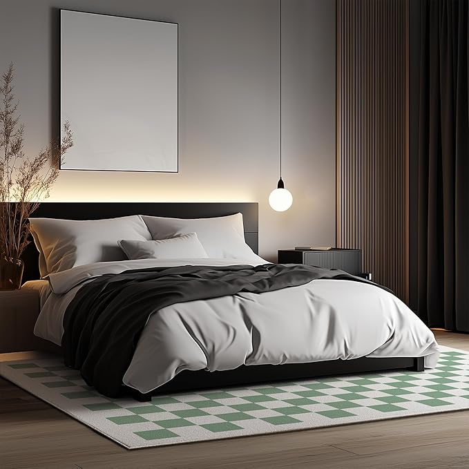 Washable Checkered Rug, 4x6 Sage Green Checkerboard Modern Boho Foldable Large Area Rugs for Living Room, Low Pile Ultra-thin Non-slip Indoor Doormat Carpet for Office Bedroom Playroom Kitchen