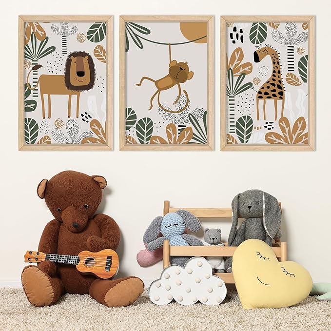 YWJKWLGS Kids Safari Animal Wall Decor, 3 Piece Nursery Art for Baby Room 11"x16" Jungle Theme Cute Lion Monkey Giraffe Prints Sign Wood Framed for Children's Room Toddler Bedroom Decoration (Wood)