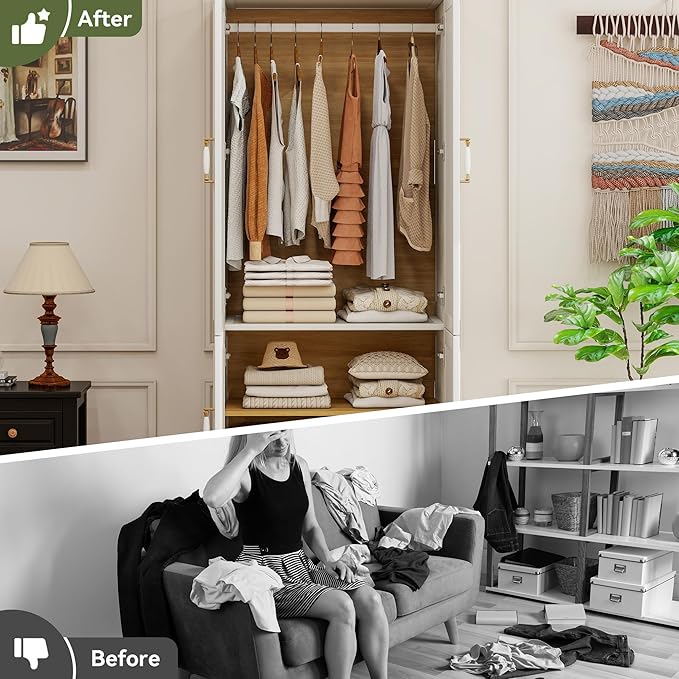 Solid Wood Wardrobe Closet:TemkTuek 70.87" Armoire,Clothing Storage Cabinet with Doors,Shelves and Hanging Rails,Vintage Freestanding,Bedroom,White(18)