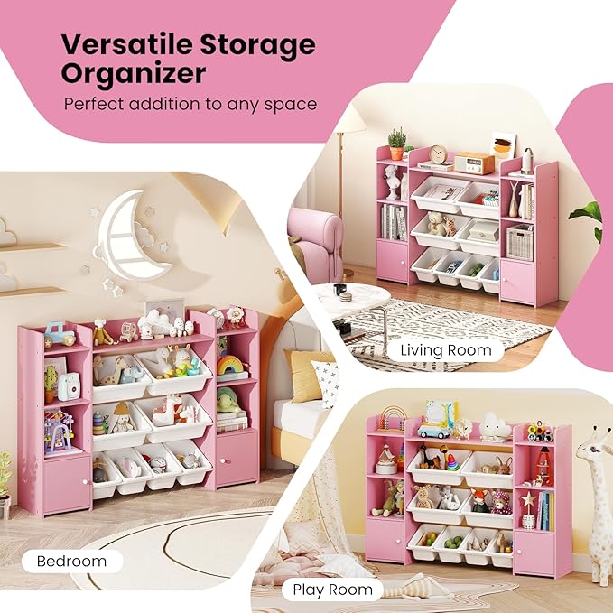 Costzon 56'' Kids Toy Storage Organizer with 8 Removable Bins, 4-Tier Toddler Bookshelf Cubbies, Preschool Children's Montessori Bookshelf w/6 Large Cabinet for Playroom, Daycare, Kids Room, Classroom