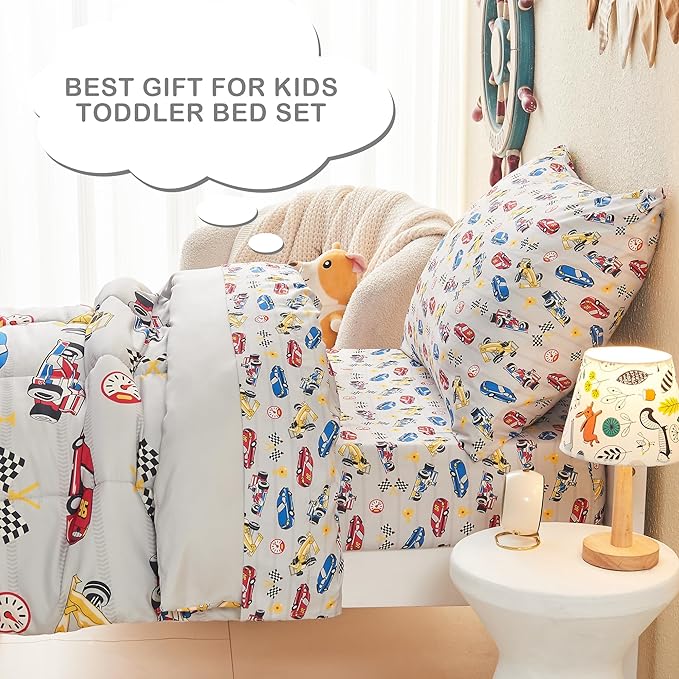 Mooreeke 4 Pieces Toddler Bedding Set - Soft Race Cars Toddler Comforter Sets for Girls, Includes Quilted Comforter, Flat Sheet, Fitted Sheet and Pillowcase, Bed in A Bag for Baby Bedroom
