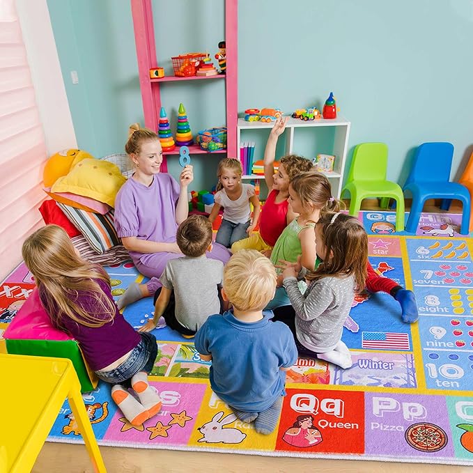 Kids Rugs for Playroom - Soft & Non-Slip 9x12 Feet Educational Rug for Learning ABC Alphabet, Numbers, Shapes & Map, Washable Classroom Rug for Toddler Nursery & Kids Room Decor