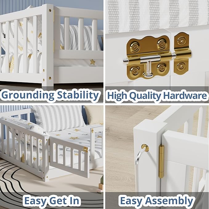 i-POOK Twin Floor Bed for Children, Sturdy Wood Montessori Bed Frame with Wood Slats, High Fence & Small Door, Montessori Floor Bed for Girls and Boys, White