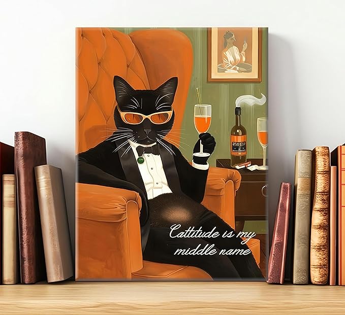 3Pcs Funny Cat Canvas Wall Art Elegant White Black Orange Cat Drinking Cocktail Painting Picture Wall Decor Luxury Feline Poster Print Bar Cart Artwork Decor for Bar Dining Room Bedroom Home Decortion