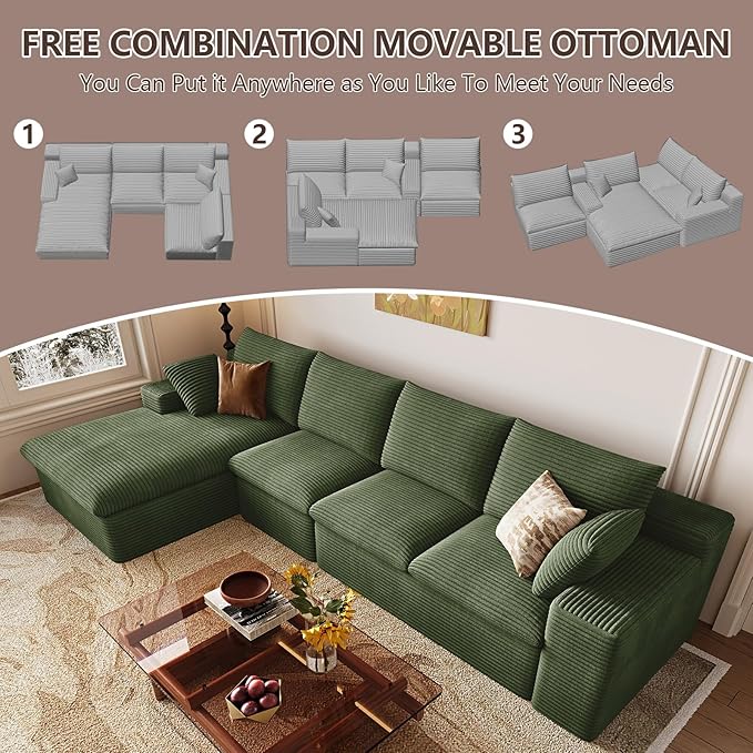 136 Inch Cloud Sectional Couch, Modern Modular Sectional Sofa with Deep Seat, Corduroy Boneless Couches with L-Shape Chaise for Living Room Bedroom, No Assembly Required (Green, Left Facing Chaise)