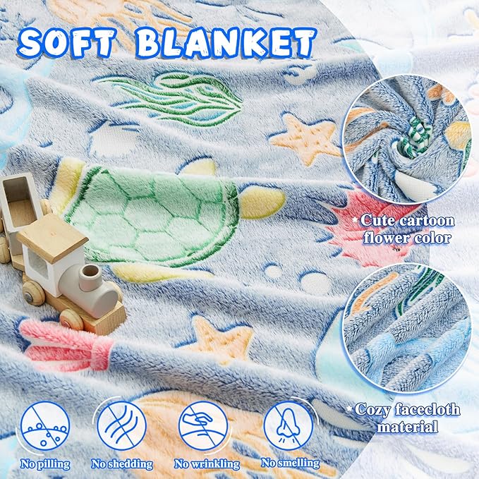 Inhand Shark Glow in the Dark Blanket Ocean Gifts for Boys Kids Throw Blanket Crab Turtle Coral Whale Dolphin Jellyfish Seahorse Toys for Kids Boys Birthday Christmas Cute Soft Room Decor Blue 50"X60"