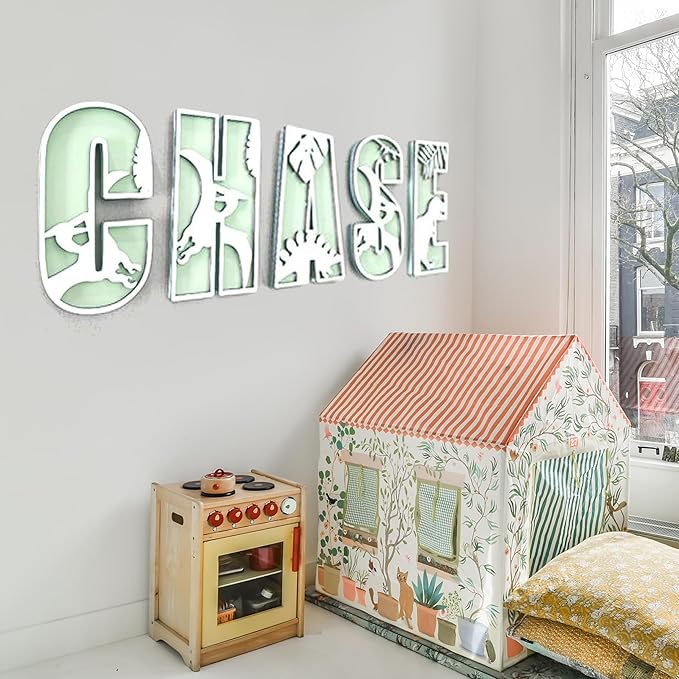 Personalized Wooden Name Sign - Custom Baby Name Signs for Nursery & Kids Room, Baby Announcement Sign, Wall Name Signs Personalized, Round Wooden Letters for Nursery Decor (Dinosaur)