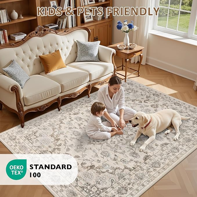 Area Rugs 9x12 Living Room Rug: Washable Rug Soft Vintage Distressed Floral Carpet Indoor Non-Slip Stain Resistant Large Carpets for Bedroom Dining Room Farmhouse Nursery Home Office Brown Beige